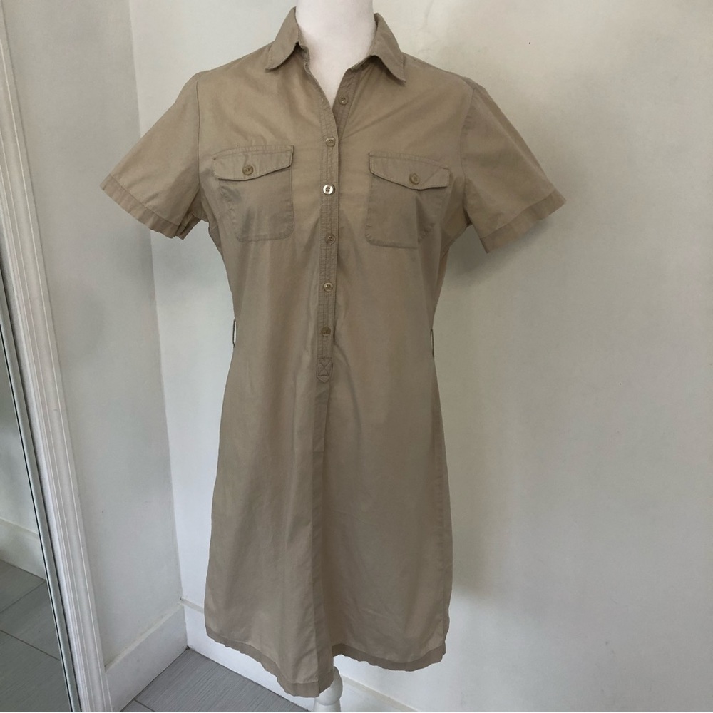 PATPRIMO Women’s Beige 1/2 Button Up Short Sleeve Midi Dress Sz 8